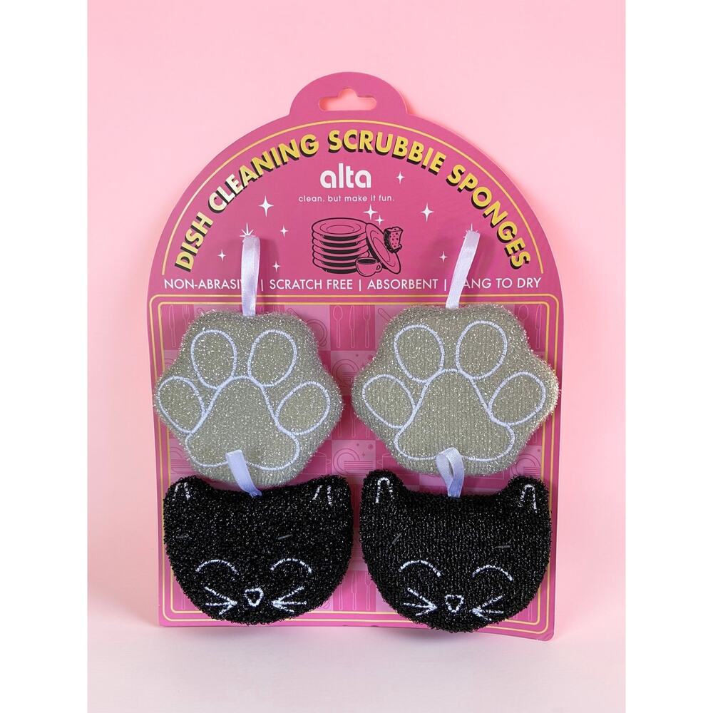 NEW Alta Gray Paws & Black Cat Kitchen Scrubbie Sponges Set of 4 Scratch Free